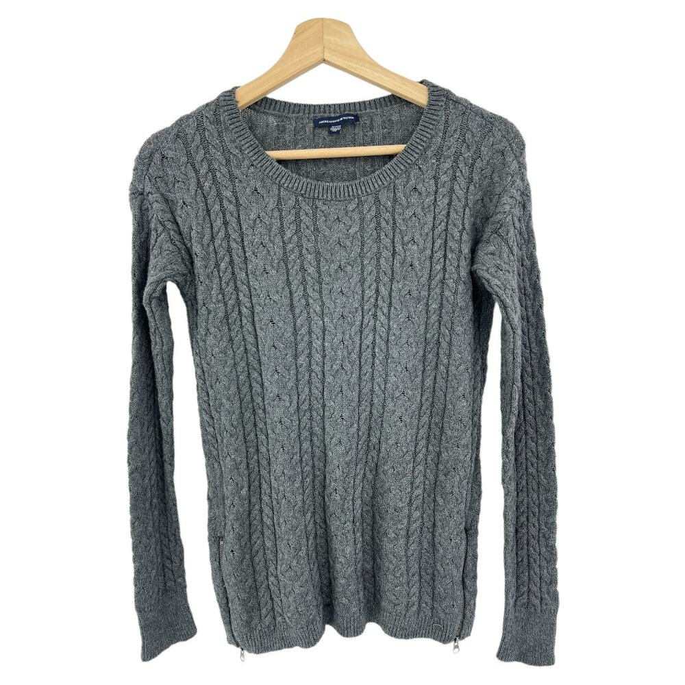 American Eagle Gray Wool Blend Cable Knit Sweater Side Zipper Hem Womens Med